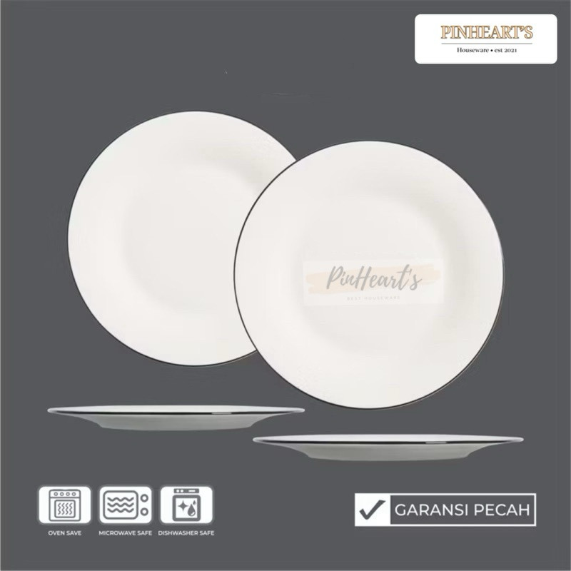 HSO - PIRING MAKAN KERAMIK TANITI CEPER SAJI PUTIH POLOS WHITE BLACK LINING LIS HITAM / PIRING MAKAN
