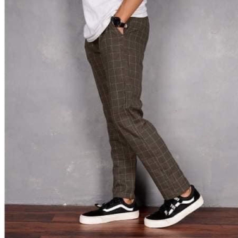 Celana Tartan Panjang Pria – Model Korea Style, Casual Slim Fit Terbaru