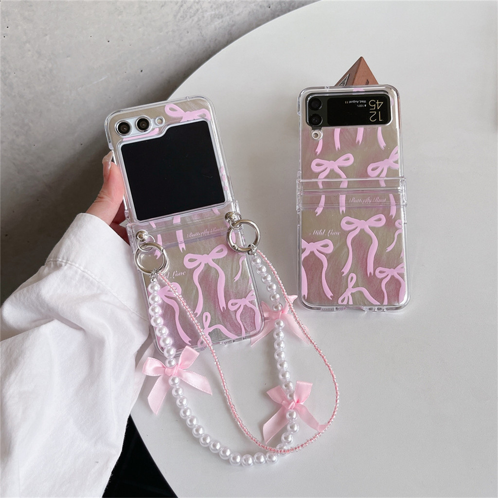 Kasus Telpon Gelang Mutiara Pink Bow Glitter Manis Korea untuk Samsung Galaxy Z Flip 7 5 Z Flip5 Fli