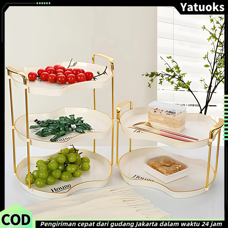 Piring 2 Tingkat Akrilik Berbagai Nampan Pajangan Kue Gold Handle Double Layer Dessert CakeRak Kue B