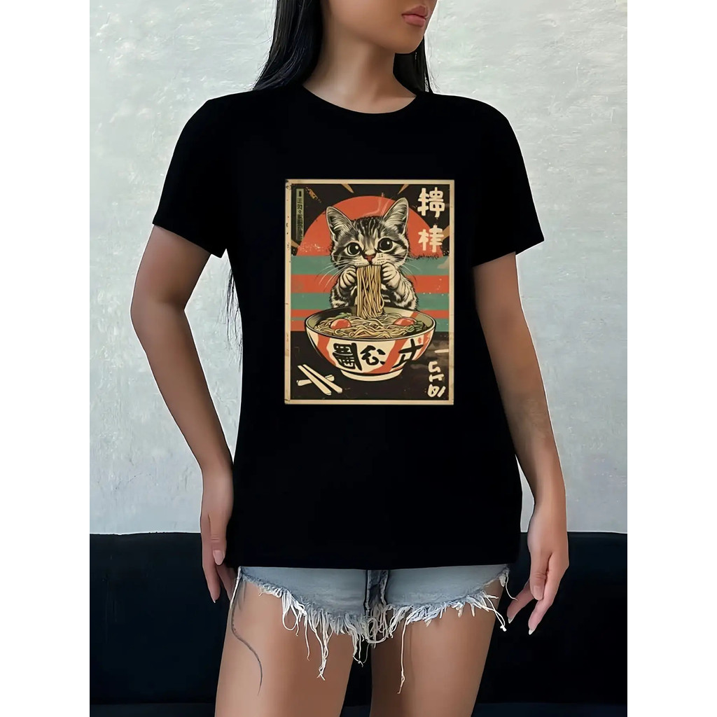 1pc Kaos Grafis Wanita Vintage Anime Jepang Kucing Makan Mie - Kaos Santai Lengan Pendek Leher Bulat