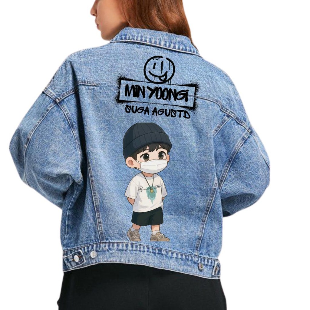 JAKET SUGA MIN YOONGI  JAKET SUGA FAN ART  BANYAK DESAIN BAHAN JEANS WASH TEBAL DUA WARNA