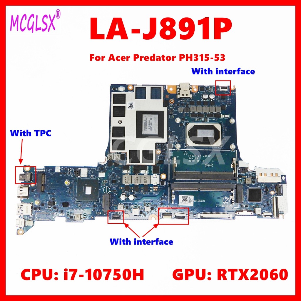 LA-J891P Notebook Mainboard For Acer Predator PH315-53 Laptop Motherboard  With i7-10750H CPU RTX206