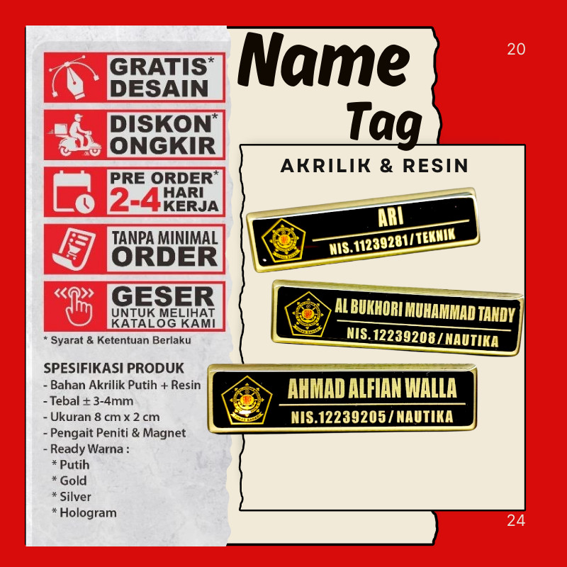 Name Tag /Nama Dada /Akrilik-Kuningan-Stainless-Peniti-Magnet