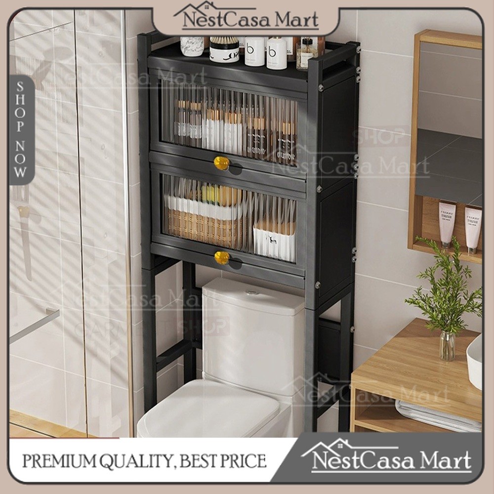 Rak Toilet Besi Stainless Steel Lemari Kamar Mandi Tertutup Atas Kloset Tempat Sabun Shampoo Tissue 