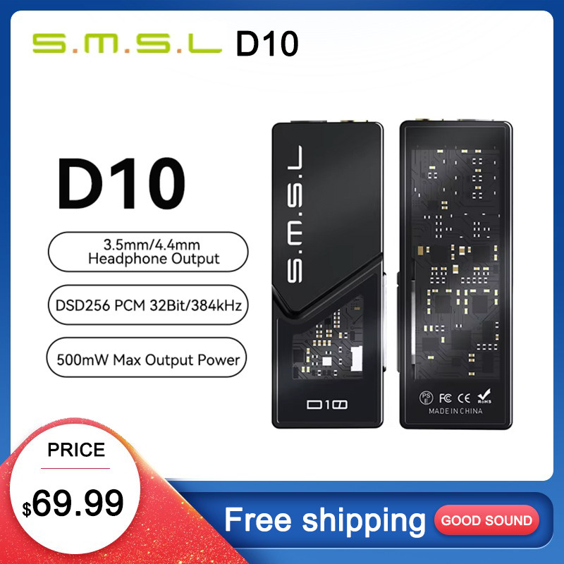 SMSL D10 Portable DAC Headphone Amplifier DSD256 32Bit/384kHz 3.5mm/4.4mm Headphone Output