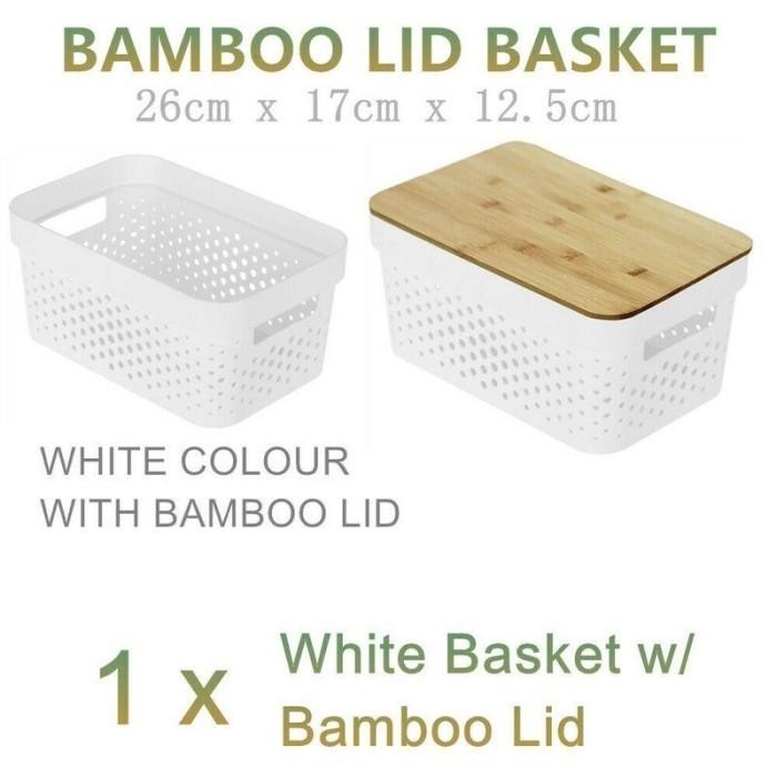 storage box kotak penyimpanan organizer box putih dengan tutup kayu - small