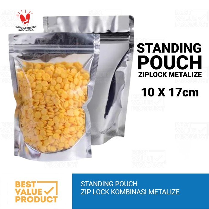 (PACK) STANDING POUCH KOMBINASI ZIPLOCK METALIZED ALUMUNIUM FOIL 10x17