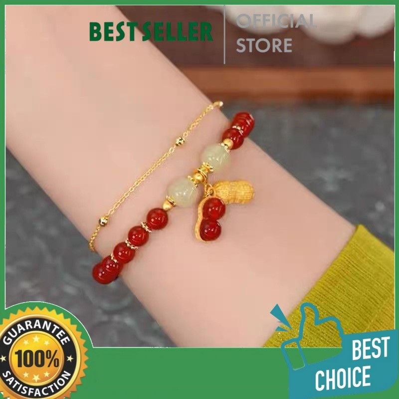 Gelang Giok Wanita Model Korea Elegan Batu Alam Hijau Asli Manik Manik Retro Gaya China Anti Luntur 