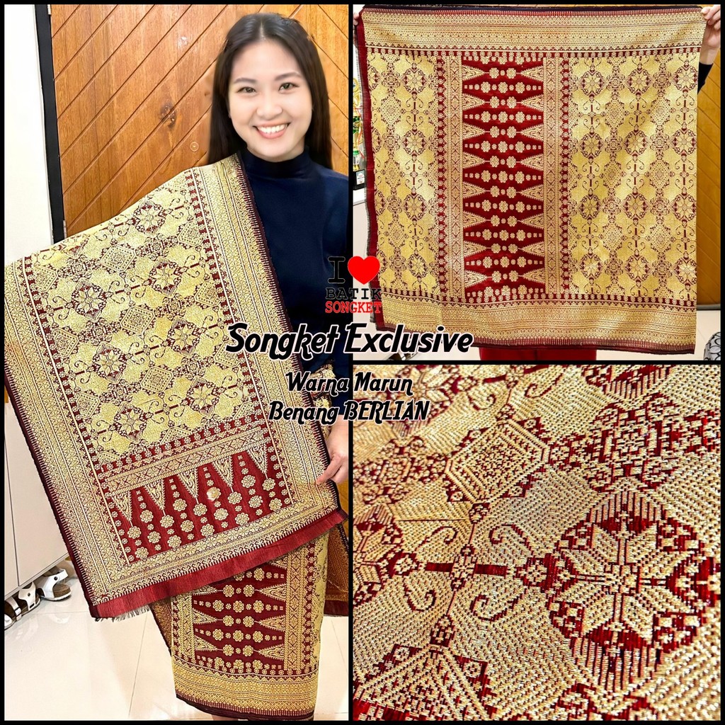 EDISI SPECIAL  SONGKET PALEMBANG BERLIAN GRADE A TENUN ORI MARUN MERAH MARUN PENGANTIN MOTIF 1