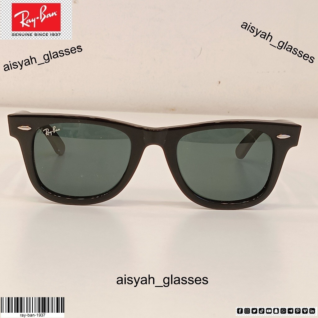 Kacamata   Wayfarer 2140 lensa kaca black Hitam kilat model V black glossy model miring