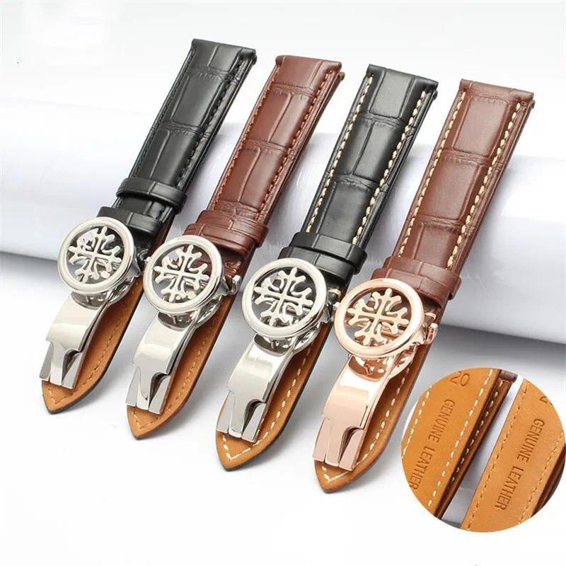 New Sale Luxury Genuine Leather Watband 19 20 21 22mm Brown Black Calfskin Strap&Fog Clasp For Patek