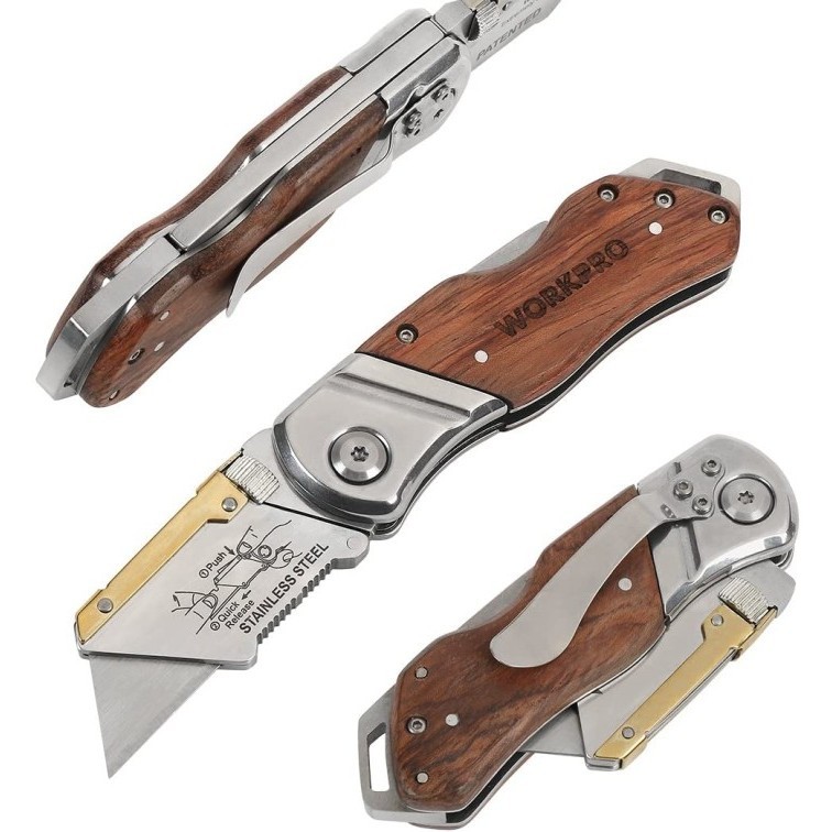 WORKPRO WP211014 Lock-Back Folding Utility Knife With Quick Change Mechanism & Wooden Handle