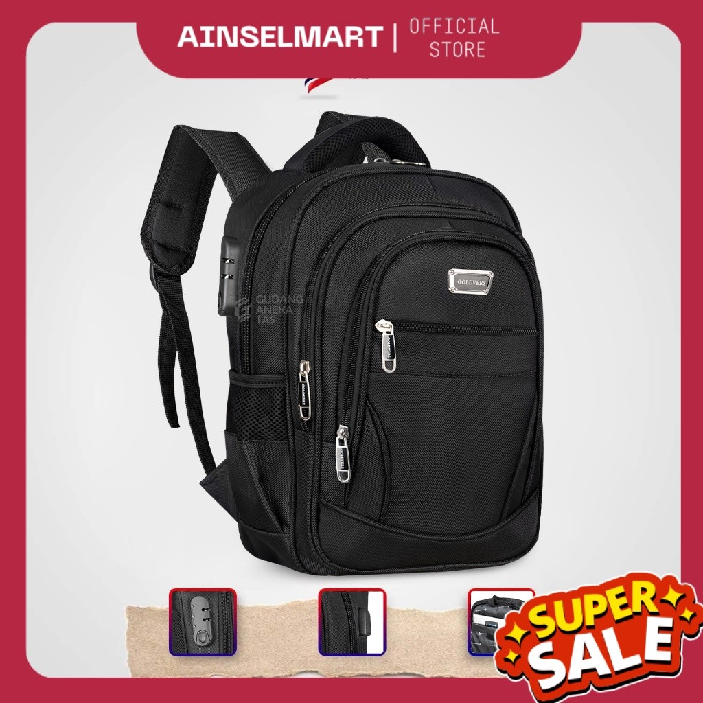 Tas Ransel Sekolah 14 Inch Goldvers Kunci Kombinasi USB Port Free Raincover CVGA