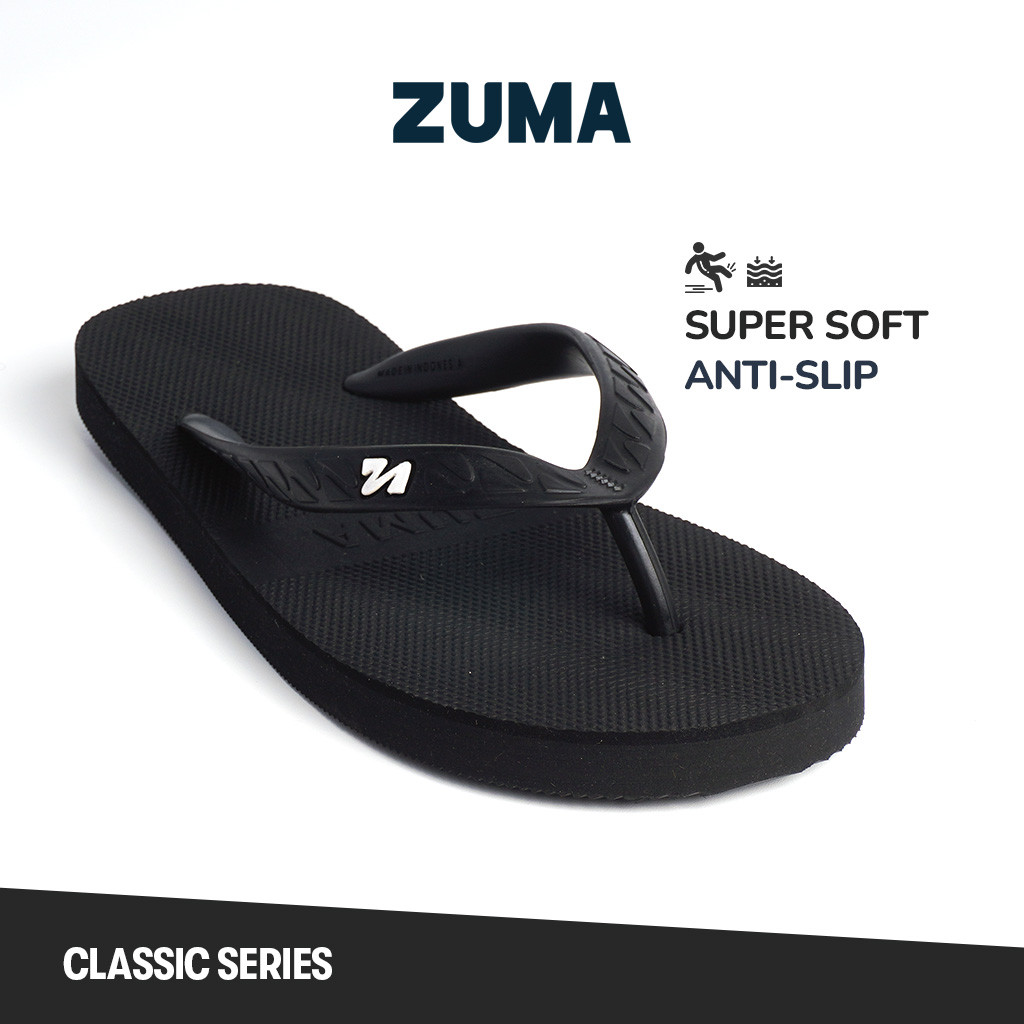 Zuma Men Classic 1 Jet Black Sandal Jepit Pria Karet Polos Hitam Sendal Pria Anti Slip Nyaman