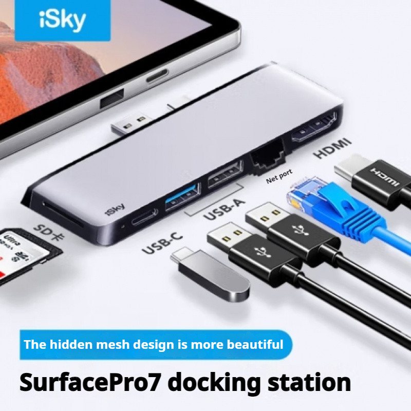 iSky 6-in-1 Docking Station for Microsoft Surface pro 7 4K HDMI Compatible RJ45 USB 3.0 Hub Laptop A