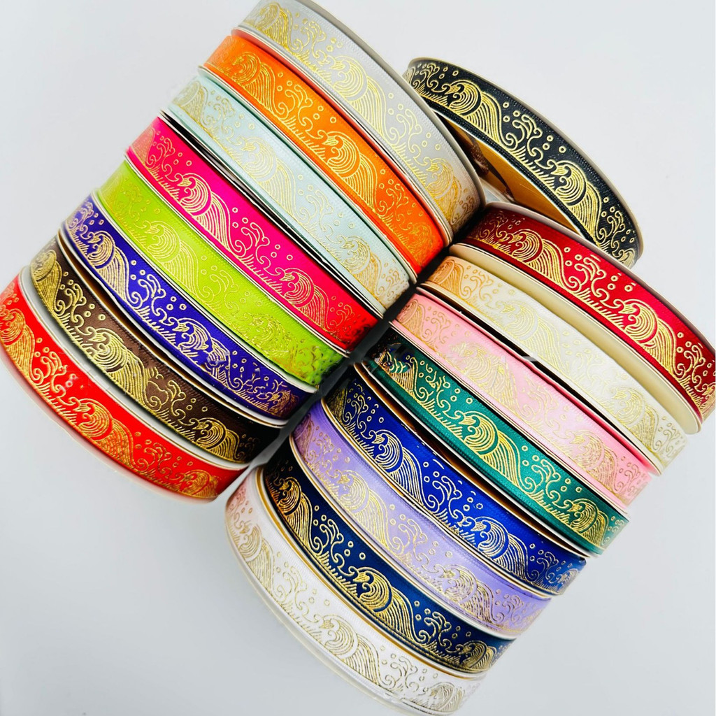 

1.5cm Gold Foil Wave Spray Spindrift Satin Ribbon Welcome Custom Printed