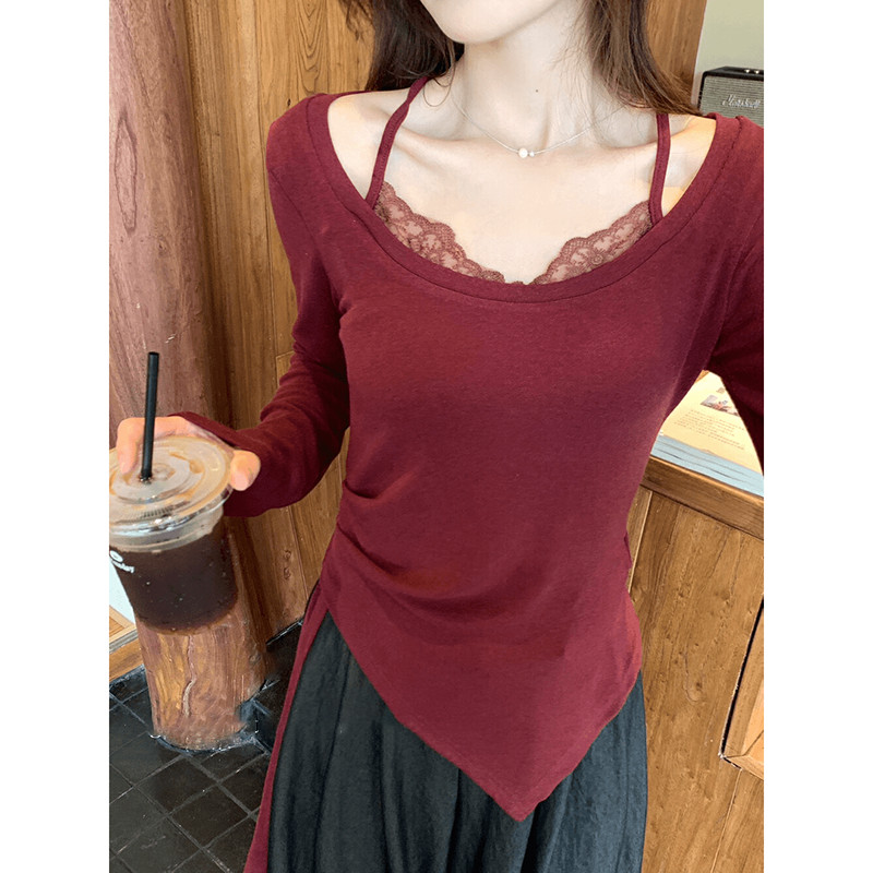 [ COD✅ ] Aroana Red fake two-piece fashion ala asing renda menyambung leher-gantung lengan panjang k