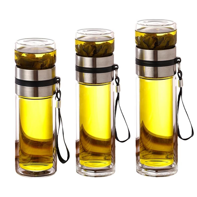 Glass Tea Infuser Bottle Leak-Proof Travel Mug Double Wall Tea Cup Portable Infuser Water Bottle, Wa