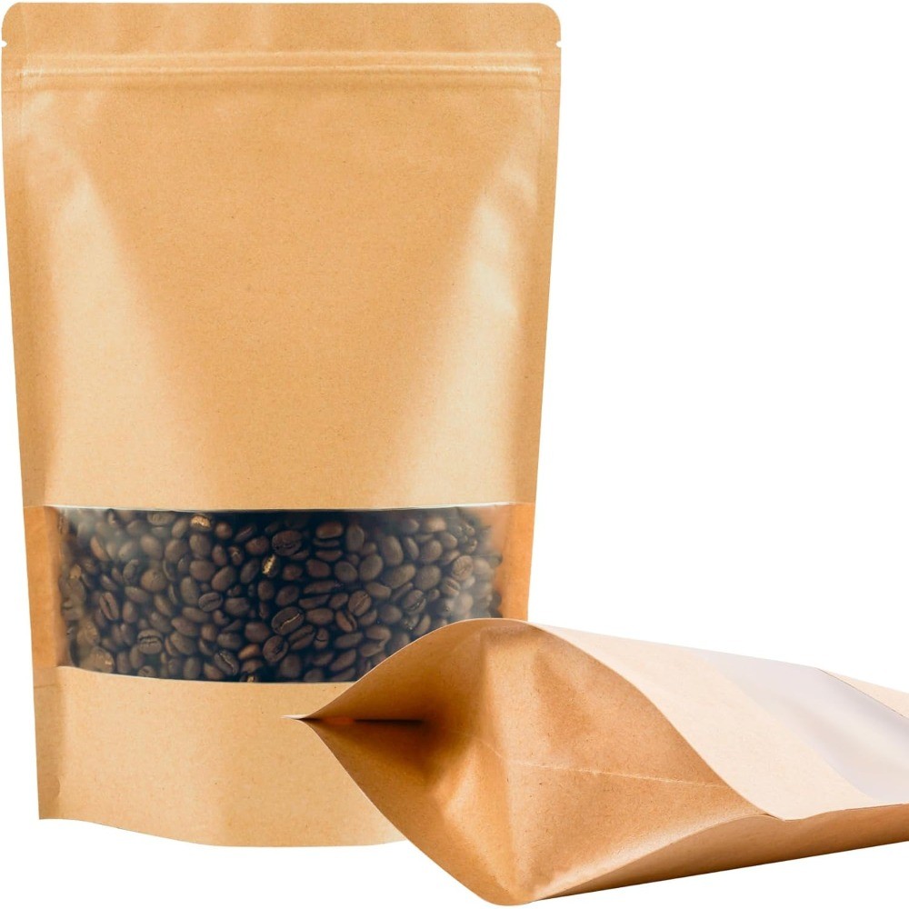 

100PCS Kraft Paper Bags with Window, Resealable Paper Bags for Food Storage, Stand Up Paper Bag for Small Business