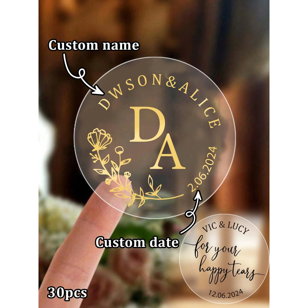 

30 240Pcs Custom Name Date Stickers Round Transparent Gold Foil 4x4cm Wedding Anniversary Party Favors