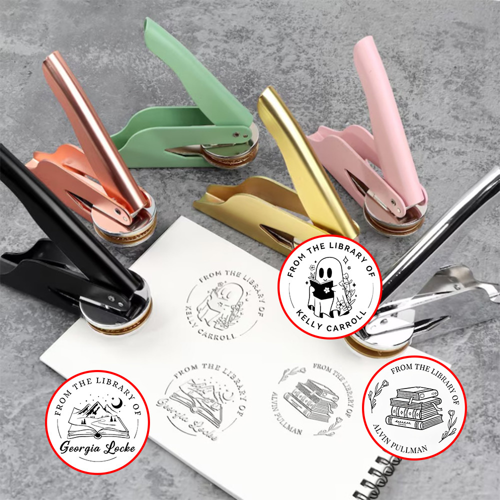 

Customized Embosser Personalized Book Stamps Custom Logo Design Ghost Book and Tea Pattern Embosser Seal for Party Invitation