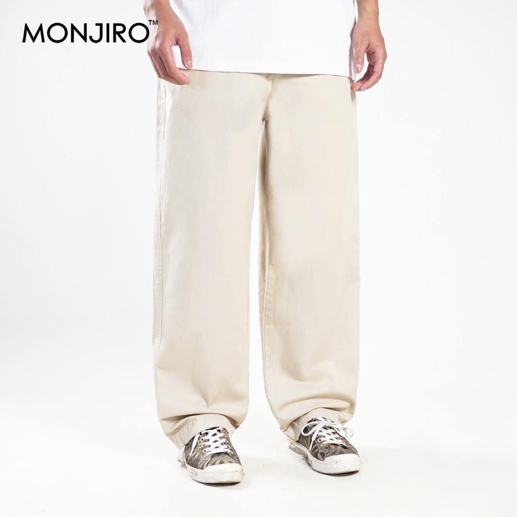 Monjiro - Ackerman - Wide Leg Pants - Celana Gombrang Oversize Skena Cowok - Chino Loose Krem Pria