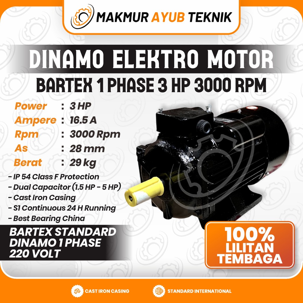 MAT | BARTEX Dinamo Elektro Motor 3 HP 2200 Watt 3000 RPM Standard 1 Phase  - Dual Capasitor Body Ca