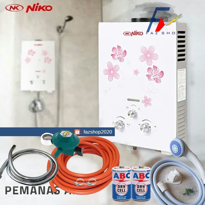 TERLARISwater heater pemanas air mandi gas niko putih KOMPLIT