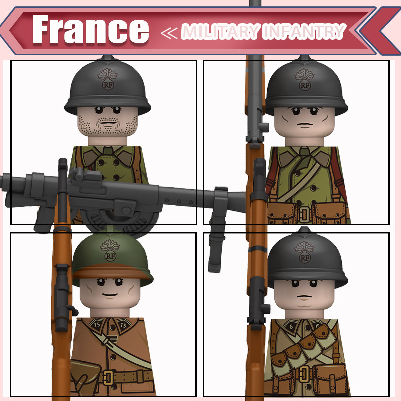 WW2 Military Fren Army Buig Blocks Army Warrior Infantry Soler Figures Helmet Gun Accessories Weapon