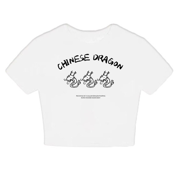 （✅COD） (Pengiriman dalam waktu 24 jam)Kaos Crop Top Putih dengan Desain Naga Tionghoa dan Teks "CHIN
