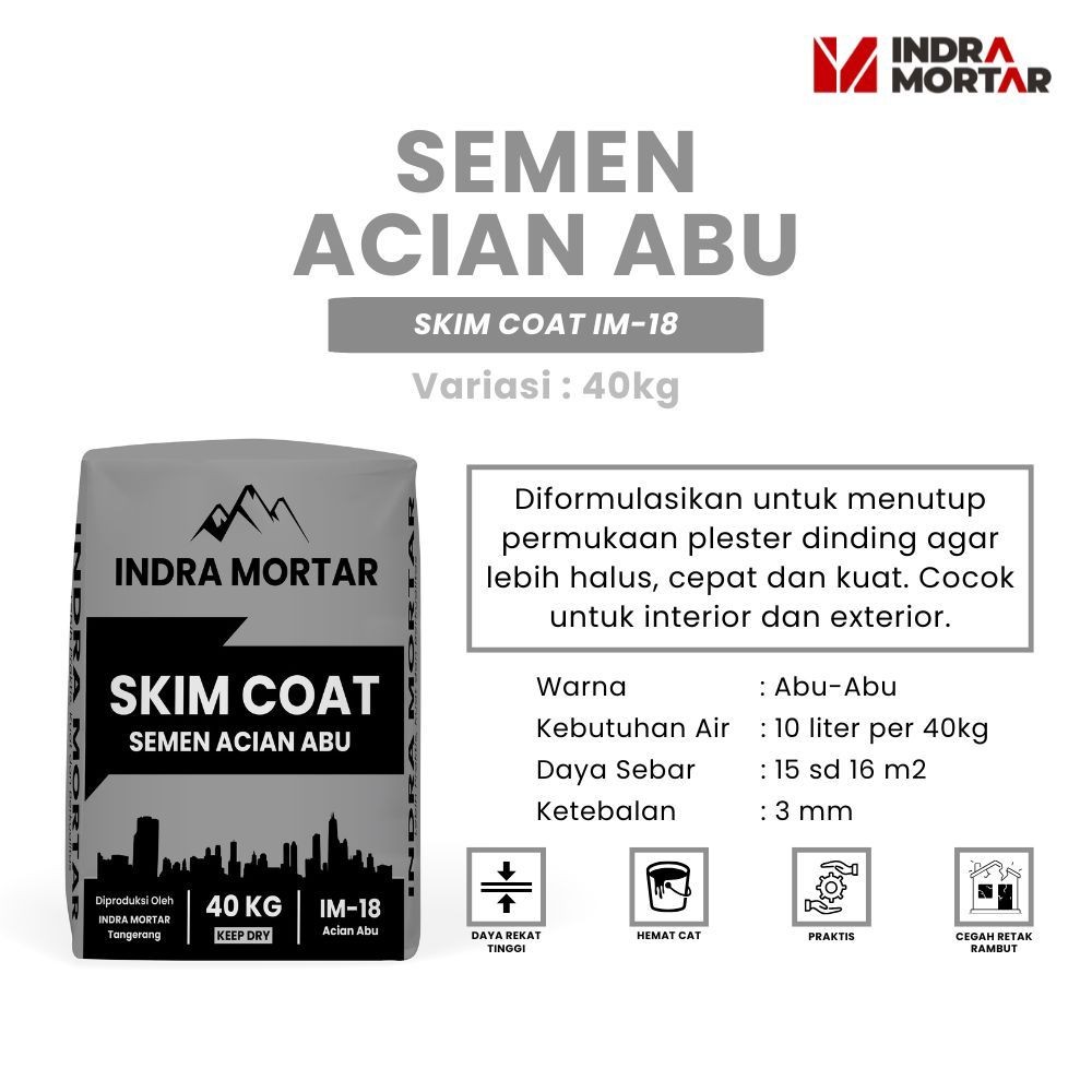 Semen Instan | Mortar Acian Plesteran&Beton IM-18 | 40 KG | Indra Mortar