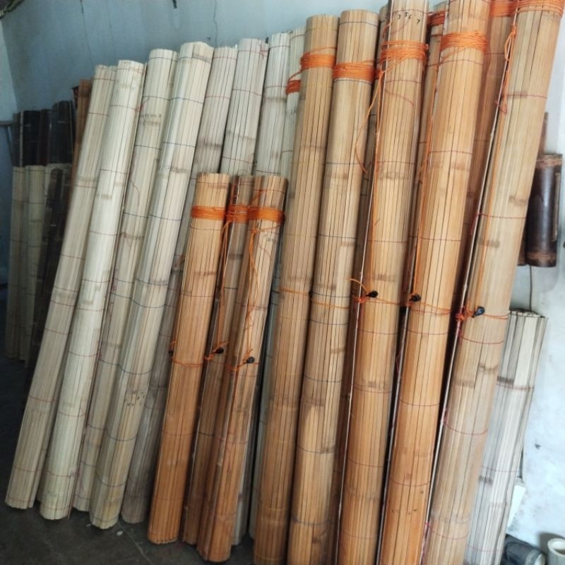 Tirai bambu putihan 1,5x2/2x1,5/1x3 /120x 250/120x300/120x200 vernis plitur lengkap katrol