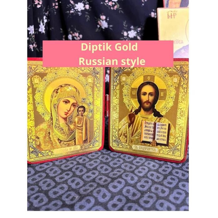 Ikon Diptik Yesus & Maria | Lukisan Rohani Kristen Katolik-Orthodox | Dekorasi Gereja / Rumah - Gold