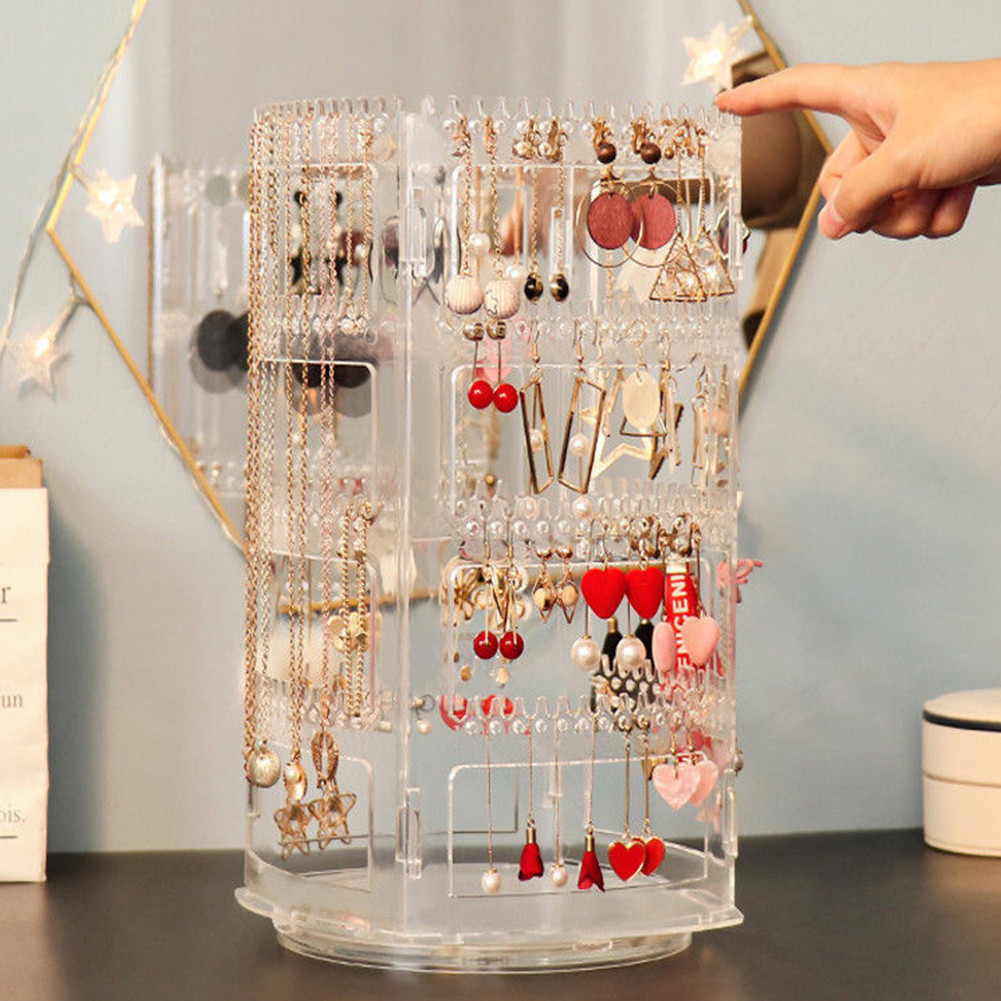 Rak Anting Akrilik Putar 360 Derajat Rak Penyimpanan Perhiasan Multifungsi Meja Rias