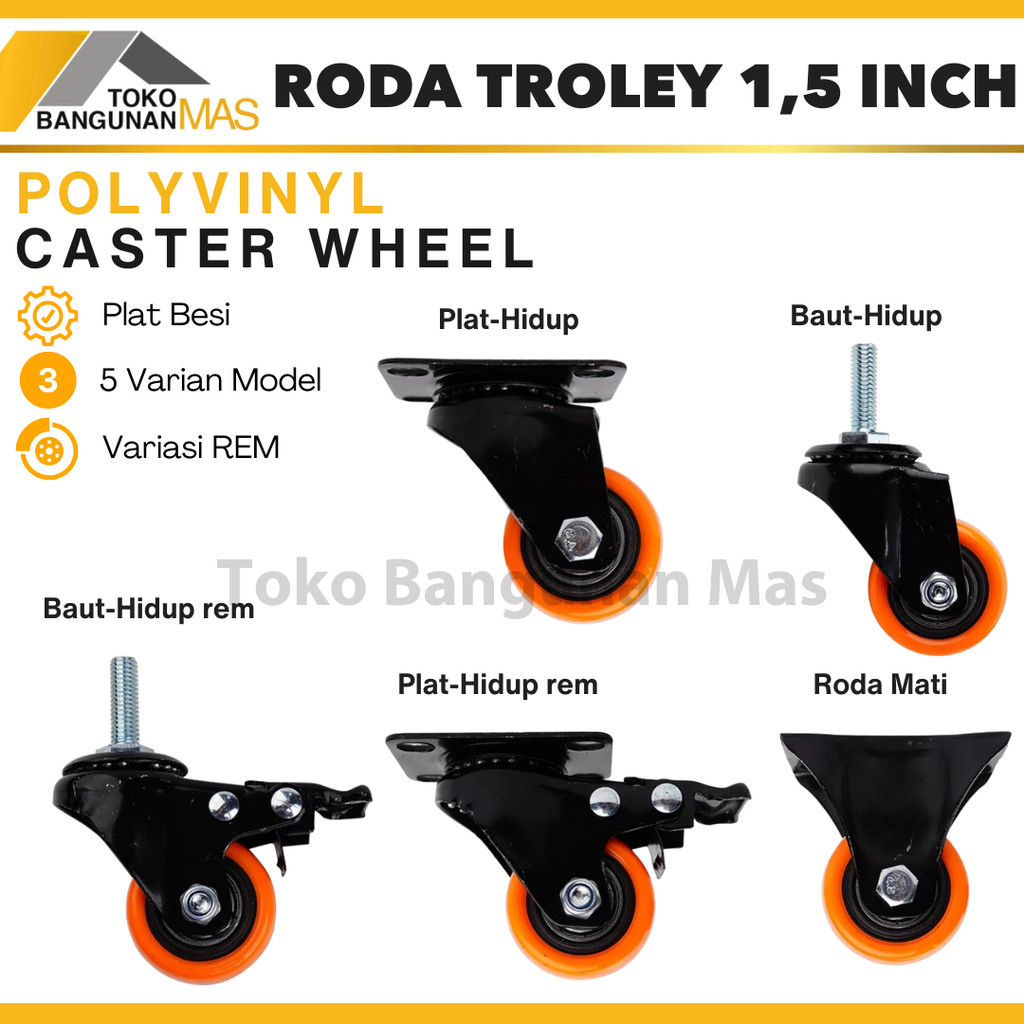 Roda Troli 1,5 inch Roda Pu Caster 1,5 inch ORANGE Roda Caster Trolley 1,5 inch Hidup / Mati / Rem