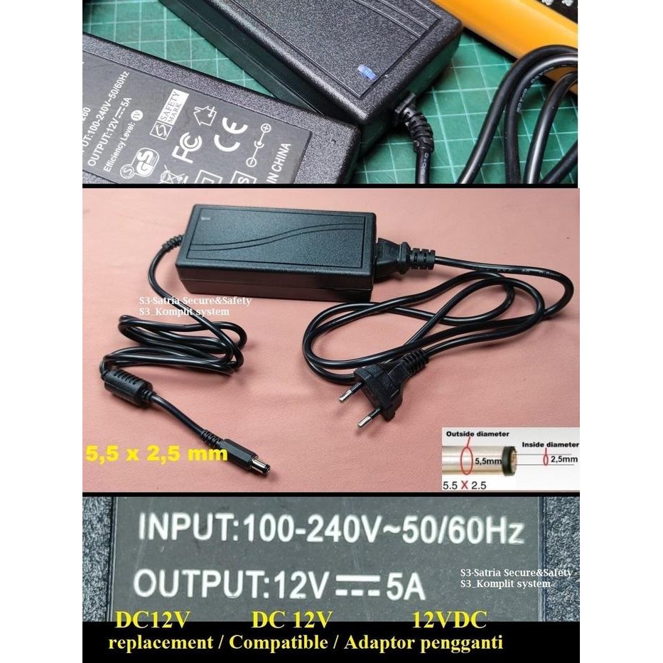 Adaptor 12v 5a Jack DC besar 5.5 x 2.5 mm lubang 5.5mm x 2.5mm monitor