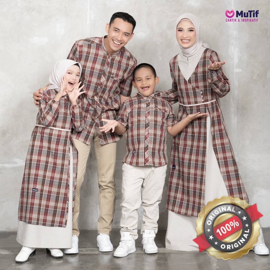 MUTIF Sarimbit Esmira Hayya Red Pastel Cream Motif Kotak Koko Tangan Pendek dan Gamis Baju Couple Ke