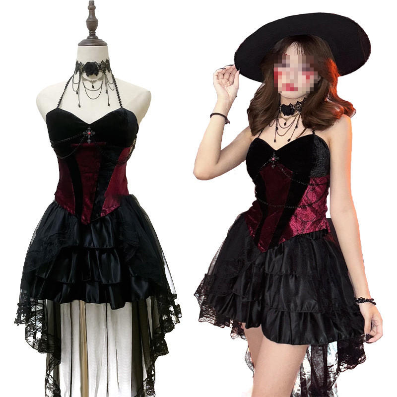 Halloween cos Clothing Gothic Queen Dark Style Sleeveless Short Dress New Set Sexy Lace Tie Set