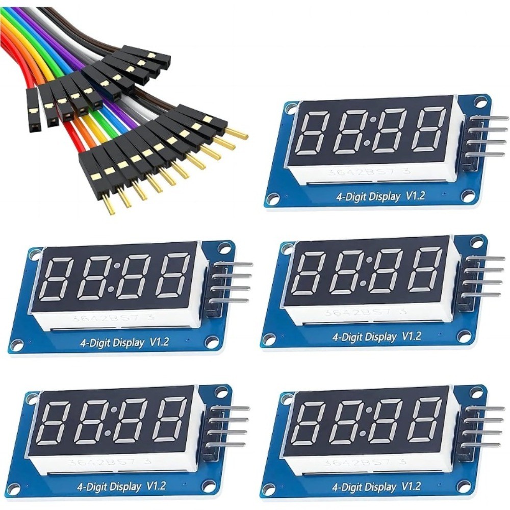 5PCS Modul Display LED Digital 7 Segmen 4 Digit TM1637 I2C dengan Kabel Jumper untuk Tampilan Jam pa