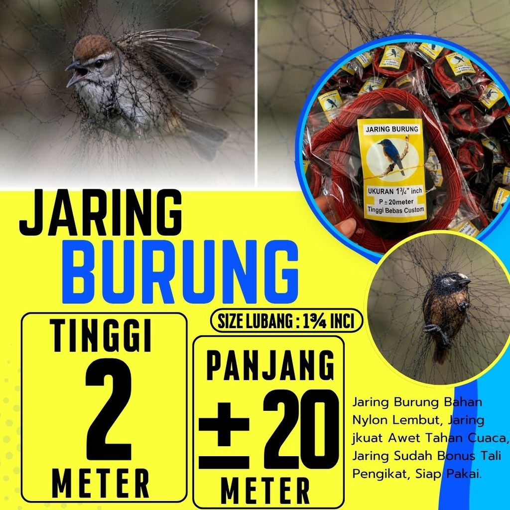 Jaring Burung Warna Hitam Bonus Tali Lebar 2 Meter x ±20 Meter Lubang Kecil 1 Jari 1¾" Benang Senar 