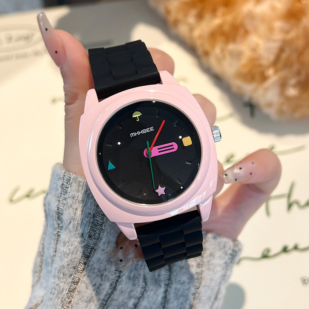 Jam Tangan Kuarsa Wanita Jam Tangan Santai Tali Silikon Dial Persegi Warna Permen