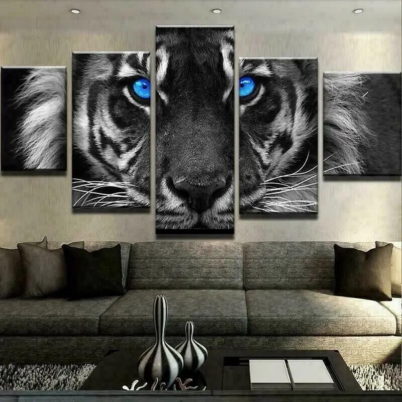 

No Framed Canvas 5Pcs Blue Eyes Tiger Animal Wildlife Art Posters Pictures Home Decor Paintings Decorations