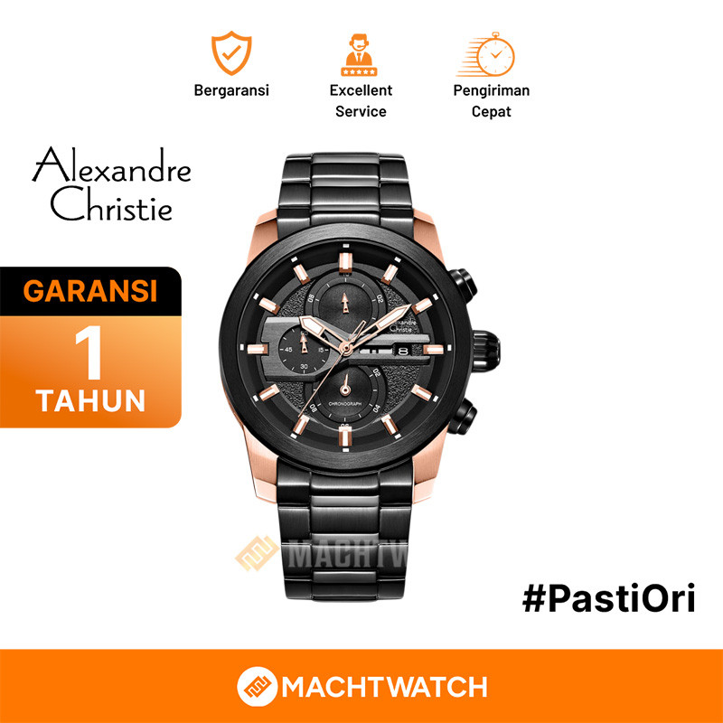 Jam Tangan Pria Alexandre Christie Chronograph AC 6562 MC BBRBA Men Black Dial Black Stainless Steel