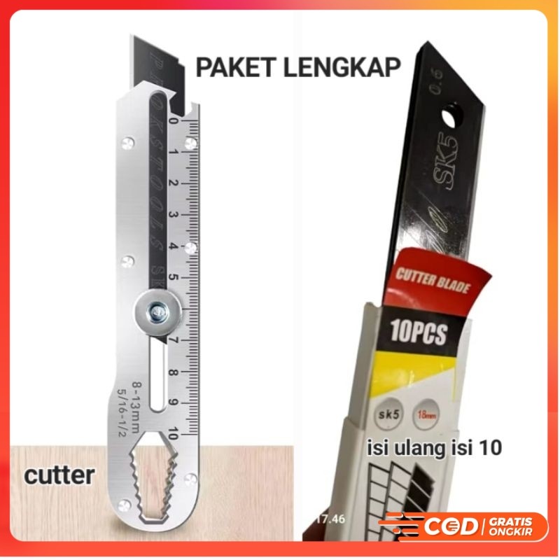 

paket lengkap cutter+isi ulang 10 pcs hitam besar 18mm SK5 Refill Cutterr besar tajam 18mm stainless - NVA