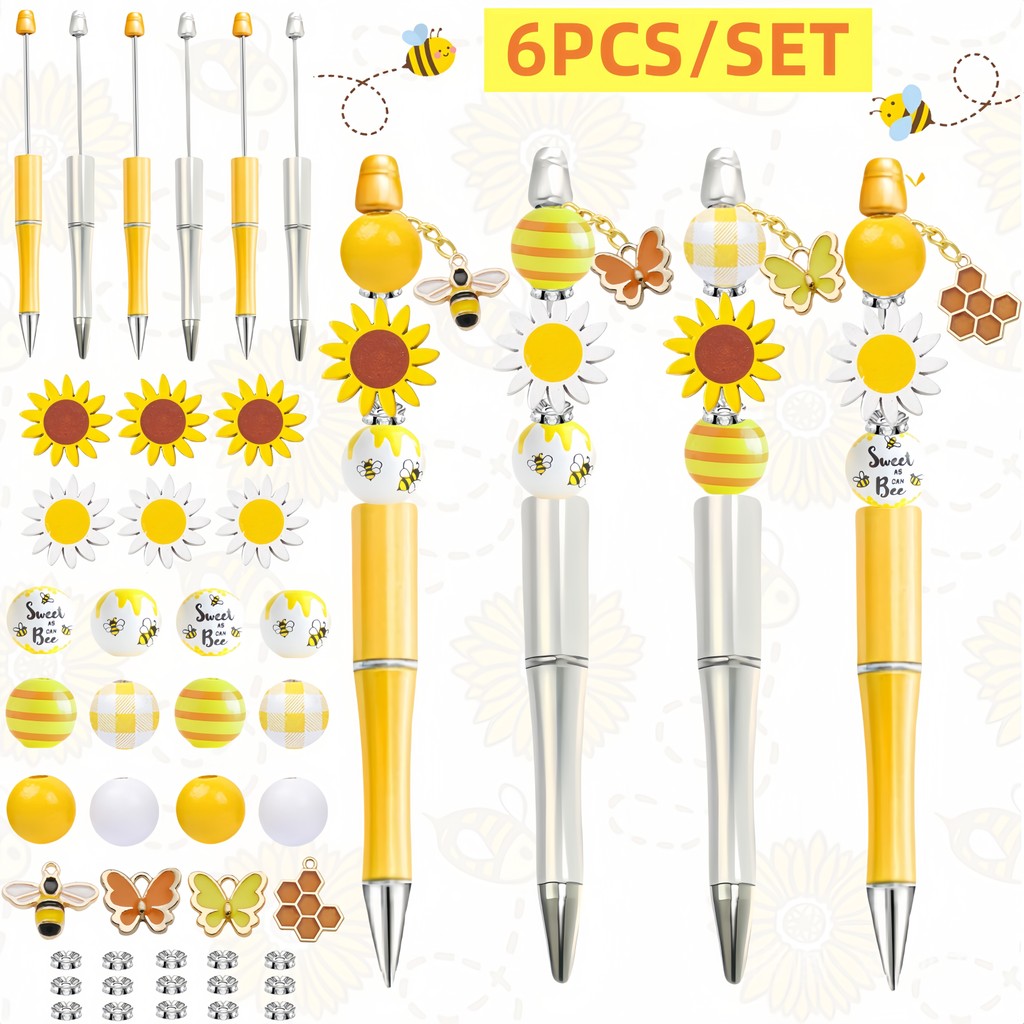 

6PCS Spring Sunflower Themed DIY Bead Ballpoint Pen & Wooden Bead Set, With Bee Butterfly Alloy Pendant，Office&Study Supply