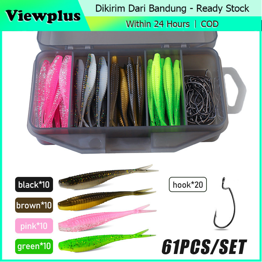 Terlaris 61Pcs Umpan Soft Lure 1 Set Box, Kotak Umpan Pacning Ikan / Umpan Pancing Tiruan Bentuk Ika