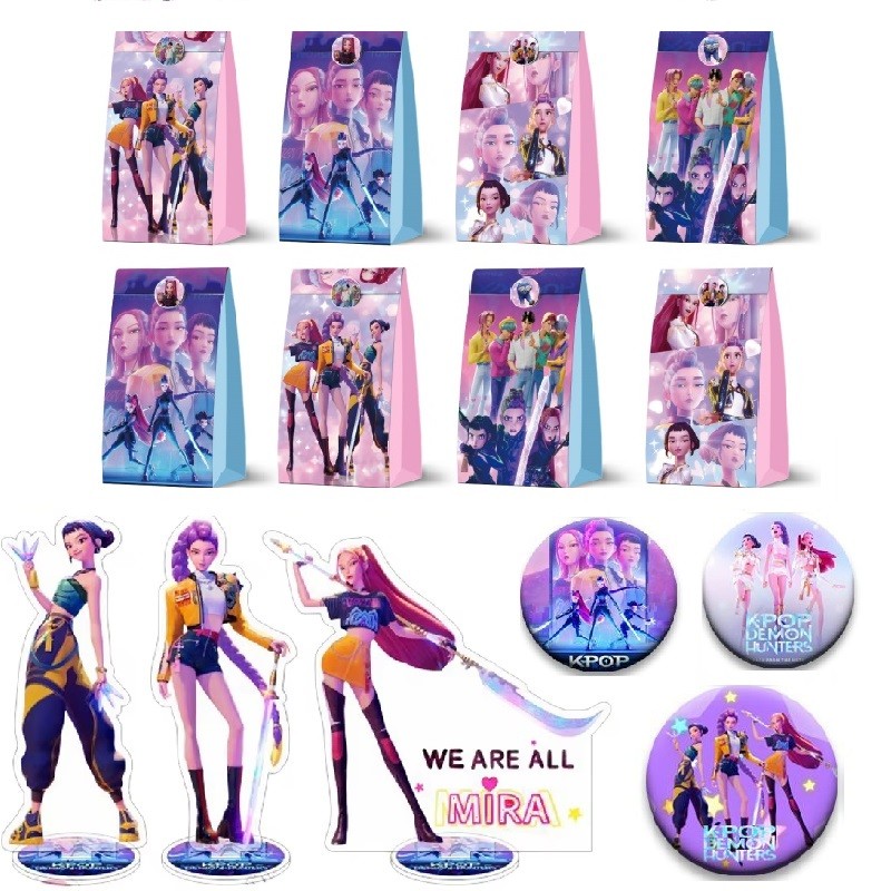 

12pcs Kpop Demon Hunt Birthday Party Gift Bag Paper Bag Anime Gift Bag Kid Biscuit Package Baby Shower Decor Banner Set Supplies