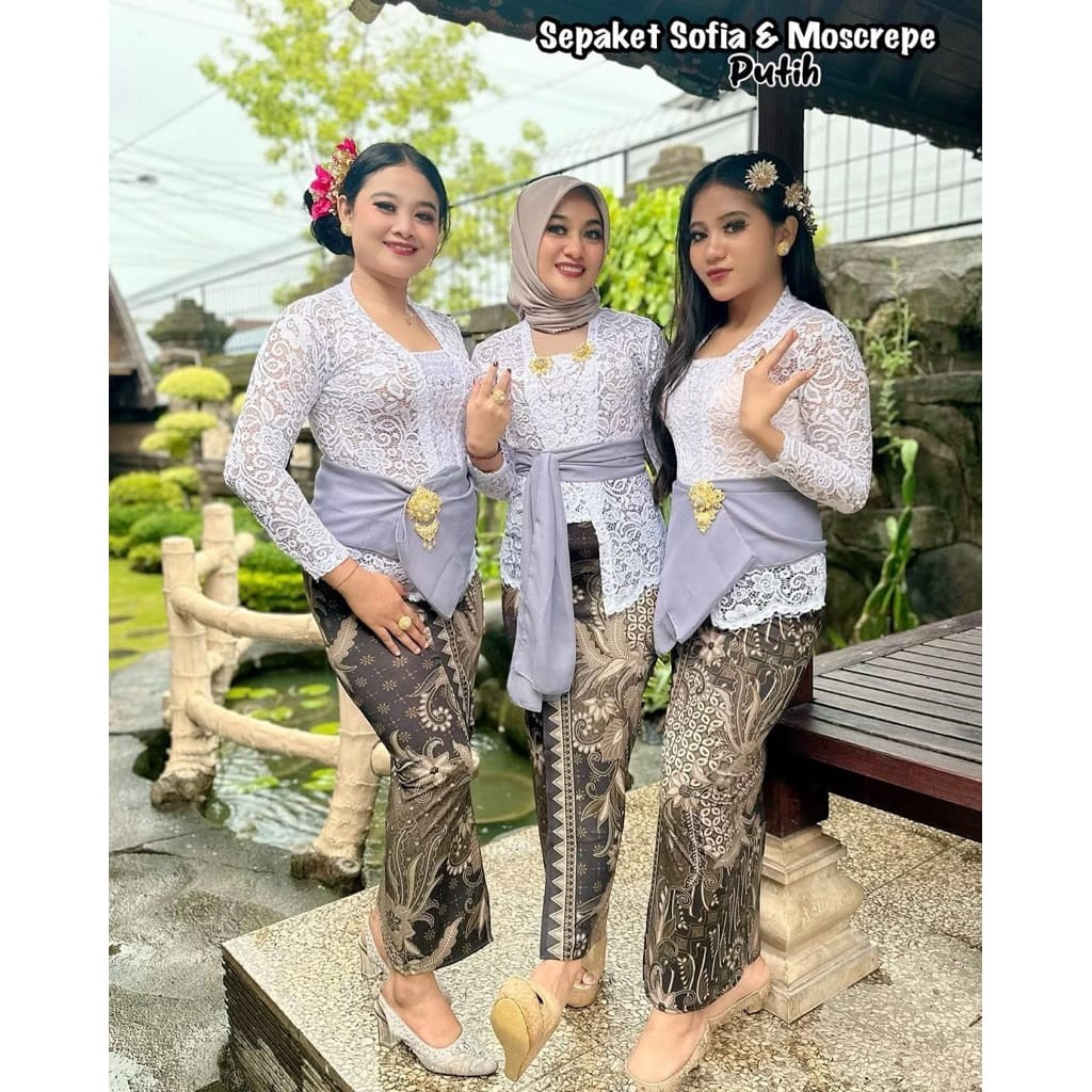 Setelan Kebaya Bali+Kamen Melar+Slendang Sifon/Kebaya Modern+Rok Batik Melar+Slendang Sifon Polos/Ke