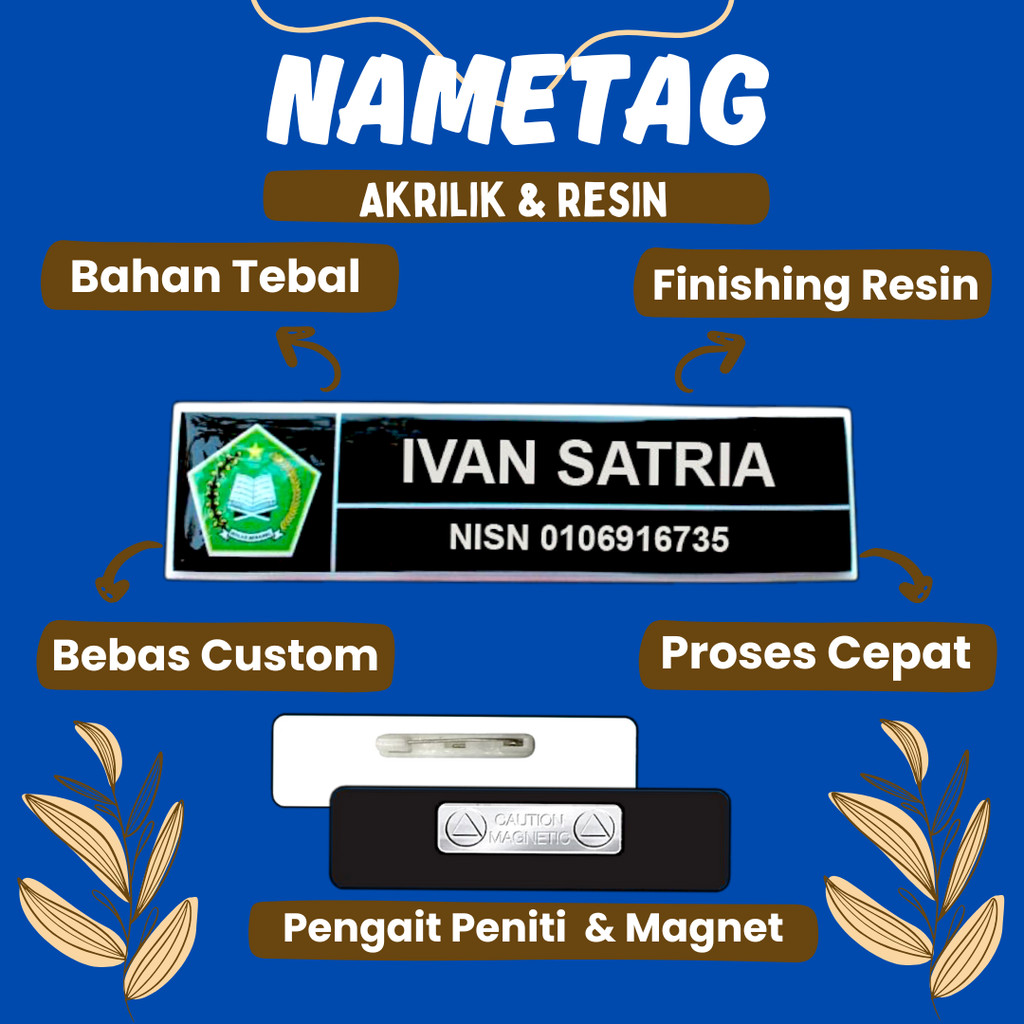 Name Tag Nama Dada Akrilik Magnet Peniti Gold Silver